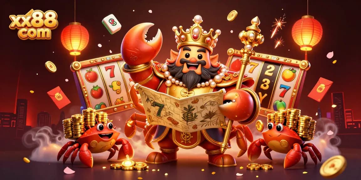 Experience gaming thrills with xx88 com as the golden crab emperor commands a vibrant casino treasure scene.