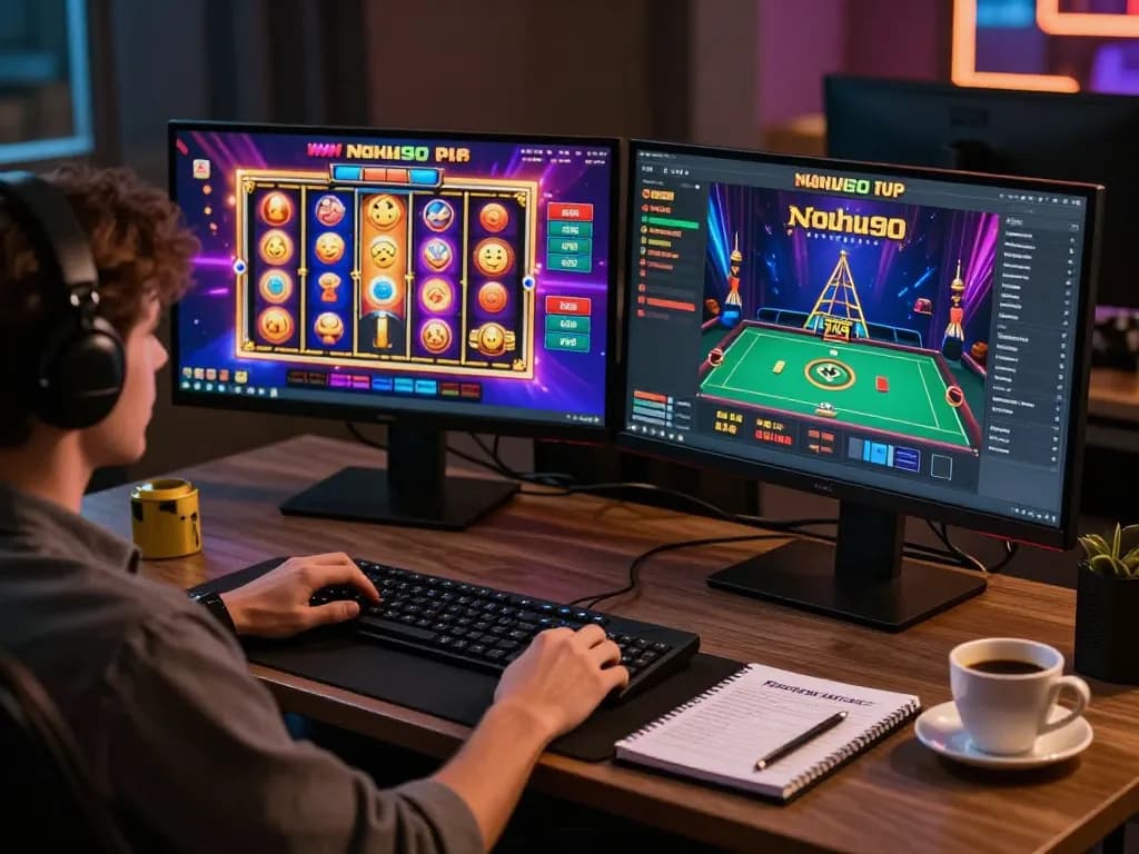 Nohu90 user engaging with thrilling online slot game and live dealer table in a stylish gaming setup