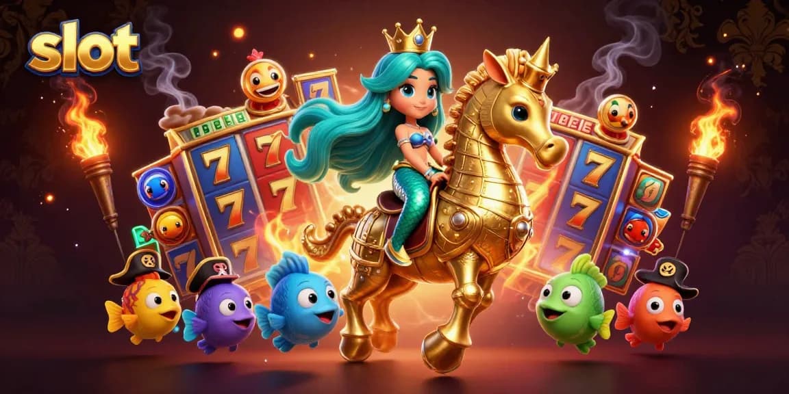 Putaran slot dengan simbol keberuntungan dikelilingi karakter kartun yang berani dalam adegan kasino.