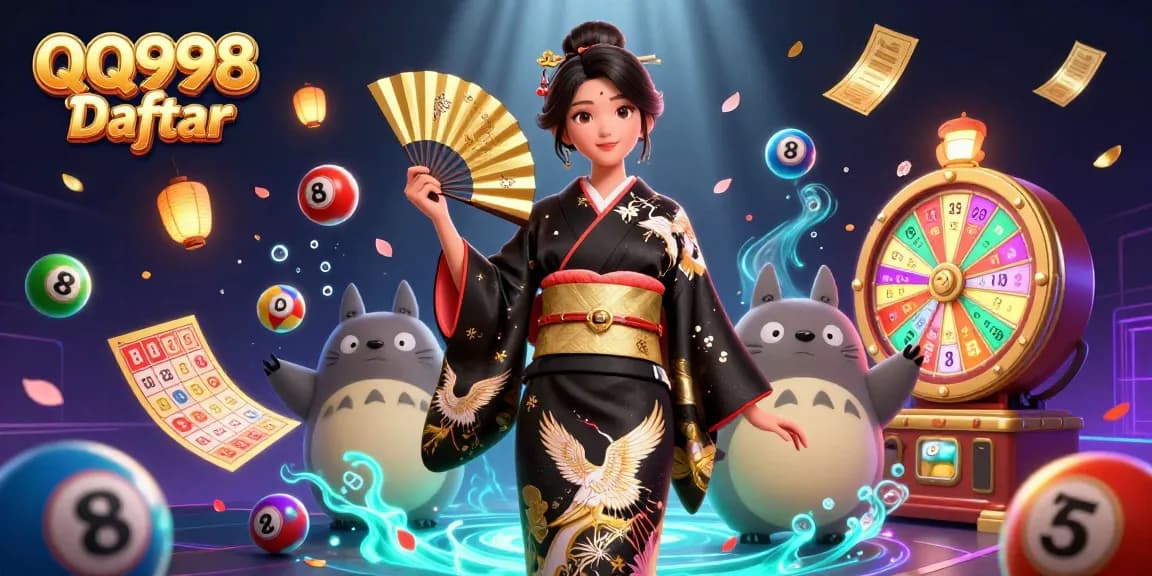 Experience the excitement with QQ998 Daftar lottery balls and gaming elements in a vibrant casino scene.
