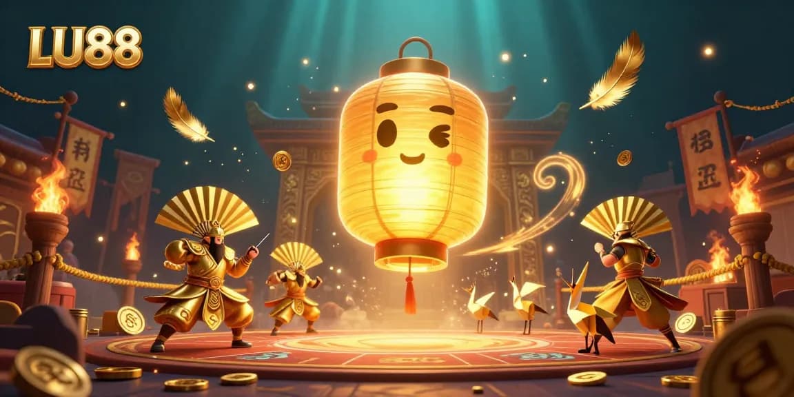 Join the adventure at LU88 with a vibrant, illustrated casino scene featuring a golden lantern spirit and lucky symbols.