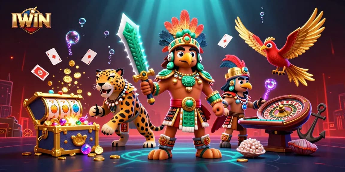 IWIN-themed casino illustration featuring an Aztec eagle warrior with symbols of slots and poker, creating an energetic atmosphere.