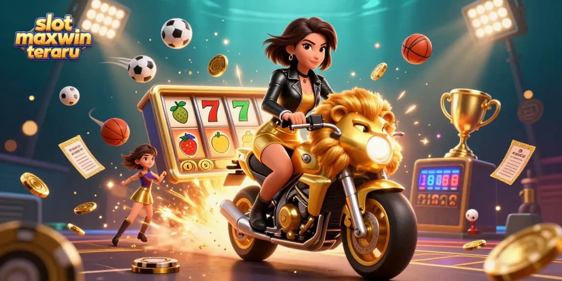 Experience thrilling gameplay with slot maxwin terbaru featuring a glamorous character riding a golden lion mascot.