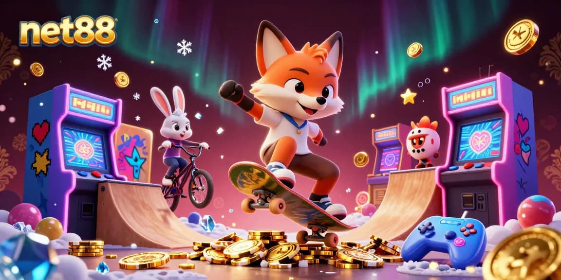 Experience thrilling gaming at net88 with colorful casino-themed 3D characters performing tricks.