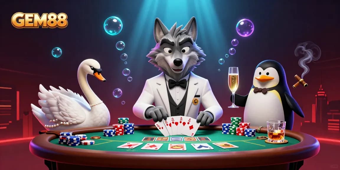 Engage with GEM88 in this vibrant casino scene featuring an elegant wolf, swan dealer, and penguin sommelier.