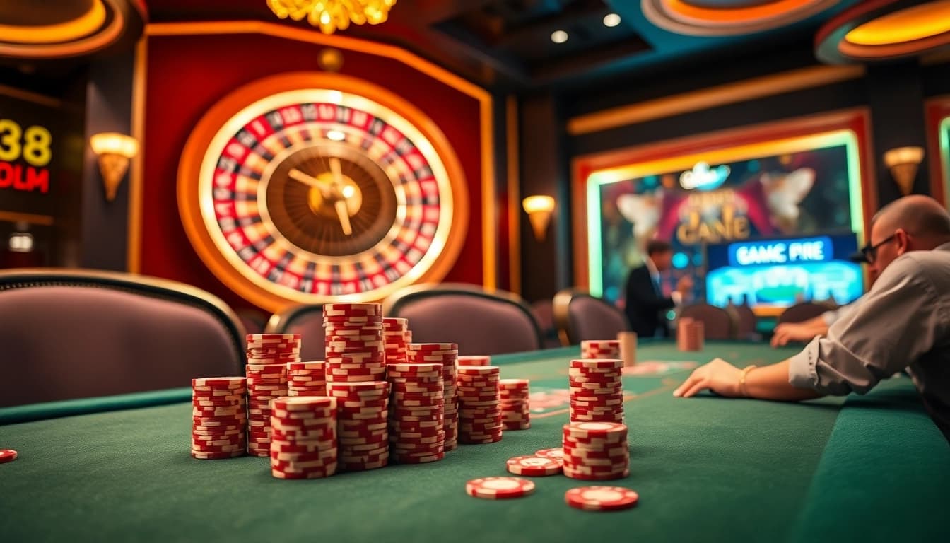 Experience the thrill of gaming at LC88 Casino with a vibrant poker table and roulette wheel.