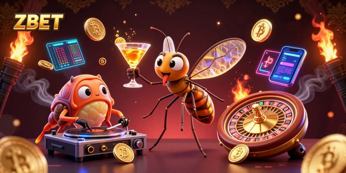 ZBET casino action with a lively mosquito mascot, trilobite DJ, and golden gambling elements.