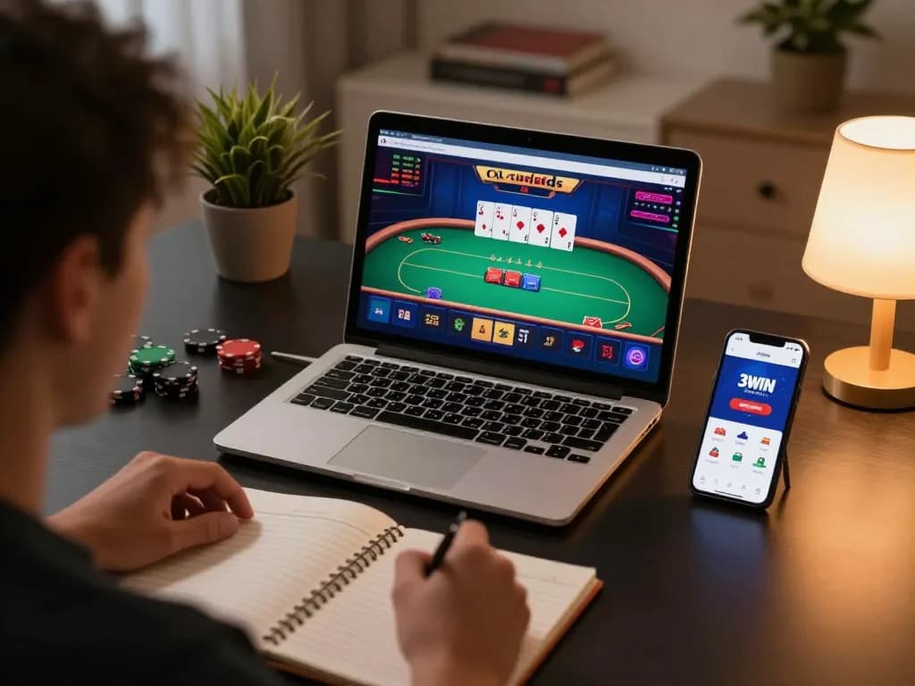 Player analyzing strategies while playing 3win online casino on laptop at home.