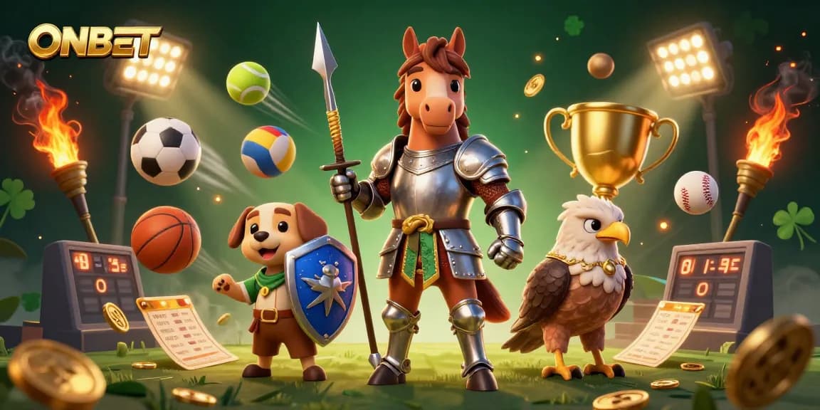 Experience exhilarating sports betting with ONBET in this dynamic 3D illustration featuring a knight, squire, and falcon.