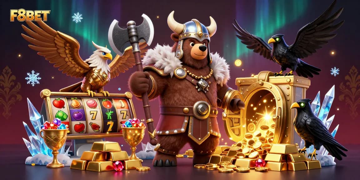 Win big with F8BET in this thrilling casino battle featuring vibrant slot games and golden treasures.
