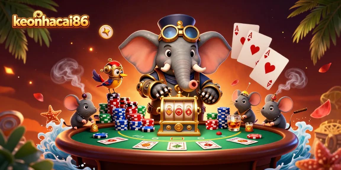 Engage with keonhacai86's vibrant 3D illustration showcasing a steampunk elephant operating a slot machine.