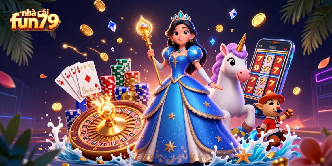 Experience the thrill of winning at nhà cái fun79 with dynamic slots and poker action, featuring a glamorous scene.