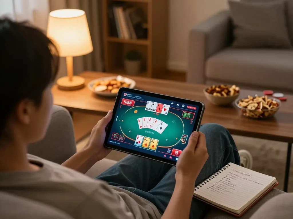 Engaged player enjoying an online poker game at Hi88 on a cozy sofa, showcasing responsible gaming atmosphere.