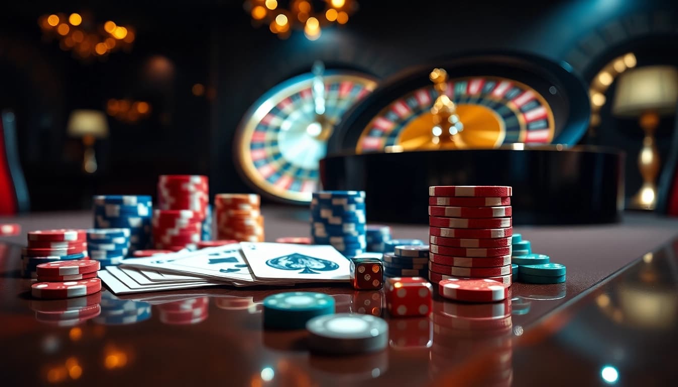 Engaging lô kép 247 betting setup at a luxurious casino table with poker chips, dice, and cards.