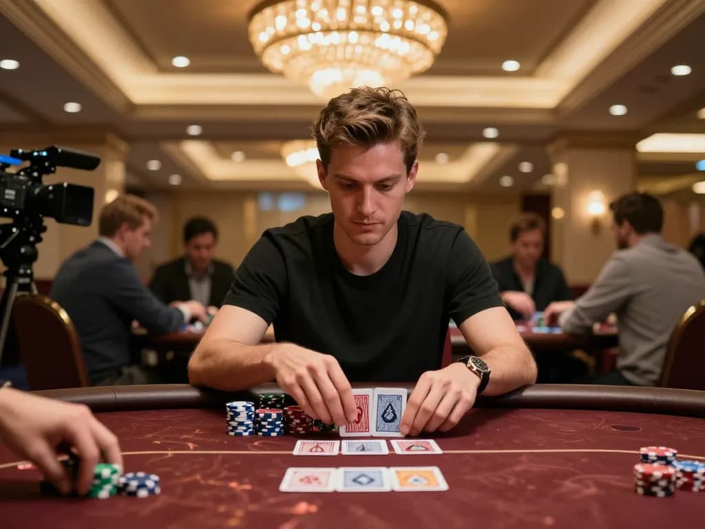 Player strategically betting at nhà cái 789bet poker table, showcasing excitement and luxury atmosphere.