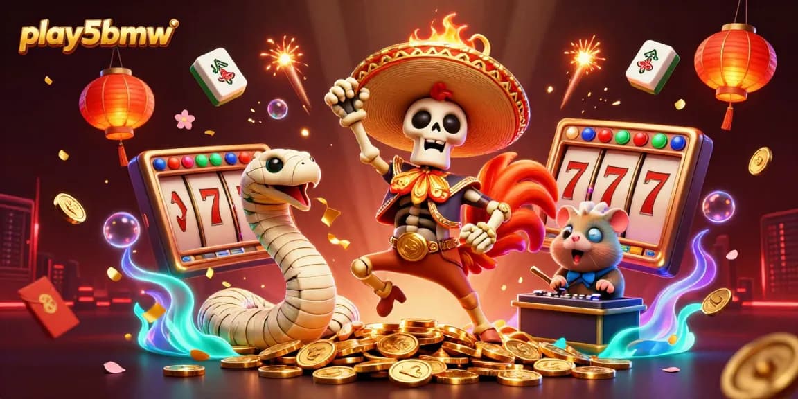 Experience play5bmw's thrilling victory scene with a mariachi rooster, mummy snake, and DJ hamster, amidst vibrant casino elements.