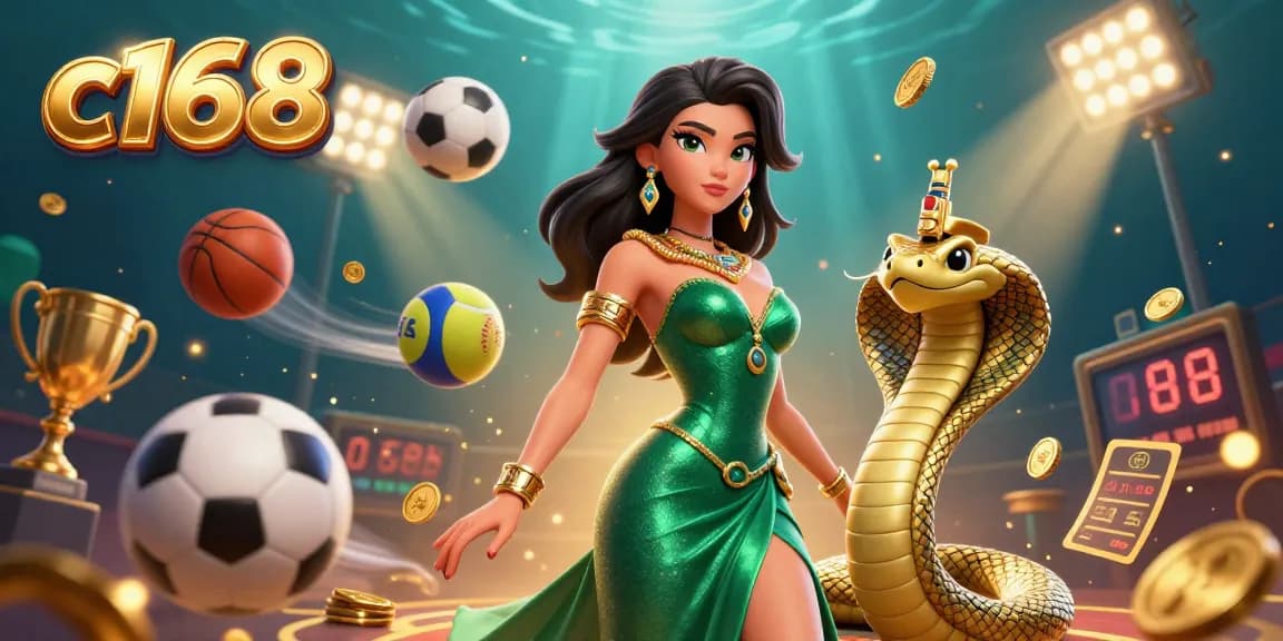 Experience thrilling sports betting at c168 with a stunning lady in emerald gown, golden cobra, and dynamic 3D elements.