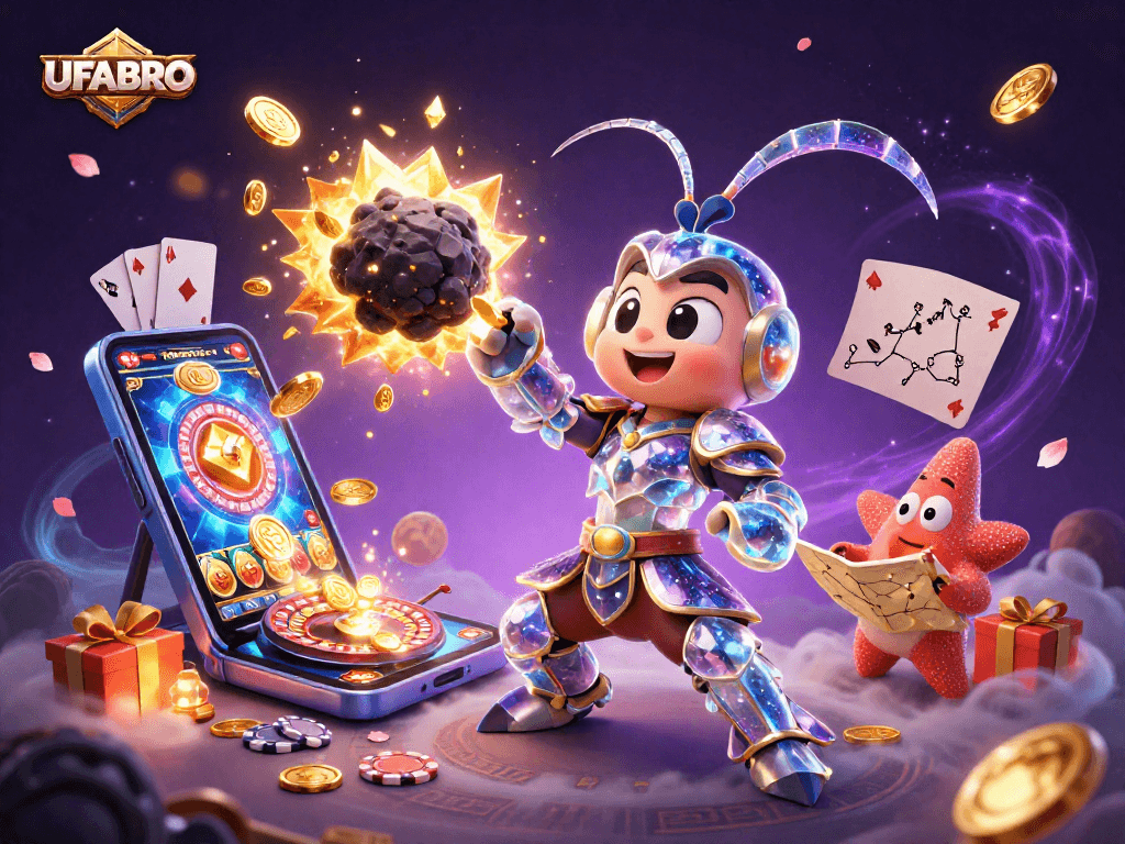 Experience thrilling slot gameplay with UFABRO featuring vibrant symbols cascading into gold and gems.