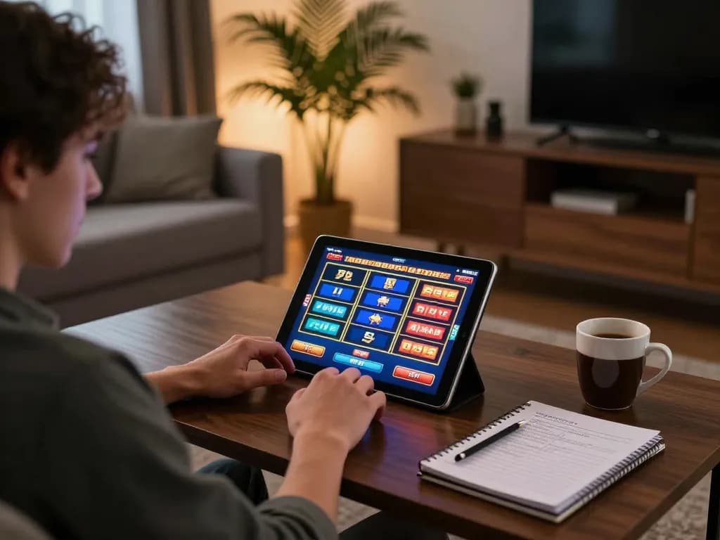 Engaged player enjoying online slots at home, highlighting Nhà cái uy tín for responsible gambling.