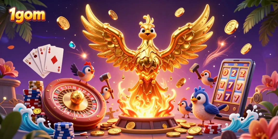 Experience thrilling bets with 1gom, showcasing golden phoenix and vibrant casino elements.