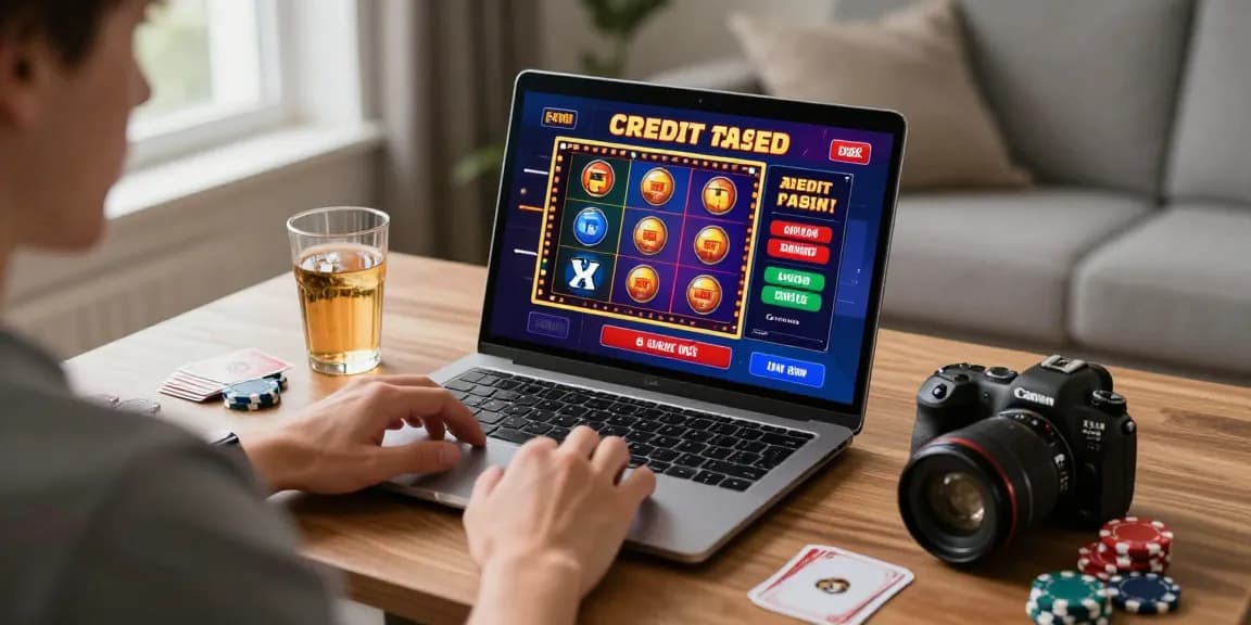 Engaged player enjoying credit card casinos from home, gaming setup with laptop, cards, and drinks.