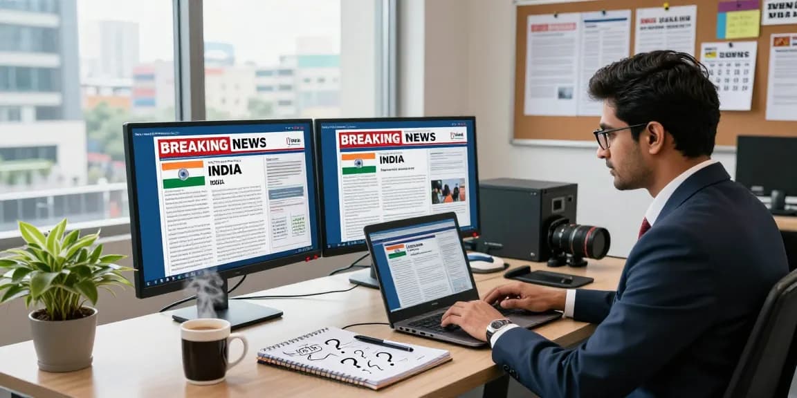 Journalist focused on news articles and updates from https://www.theindaily.com in a vibrant office.