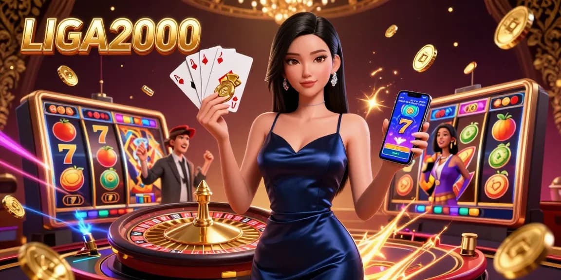 LIGA2000 menghadirkan wanita Asia yang menawan dalam suasana kasino, menampilkan mesin slot, chip, dan energi dinamis.