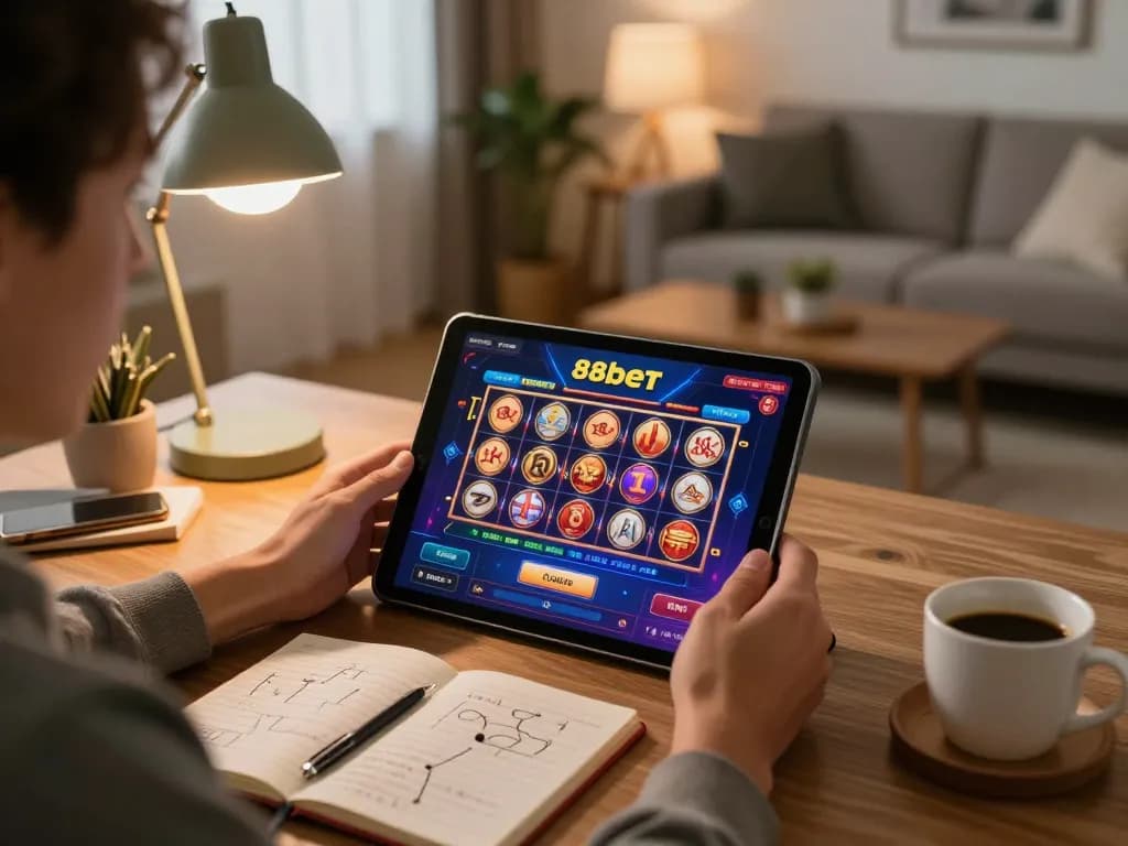 Player engaging with 88bet casino app on tablet, showcasing dynamic online gaming experience.