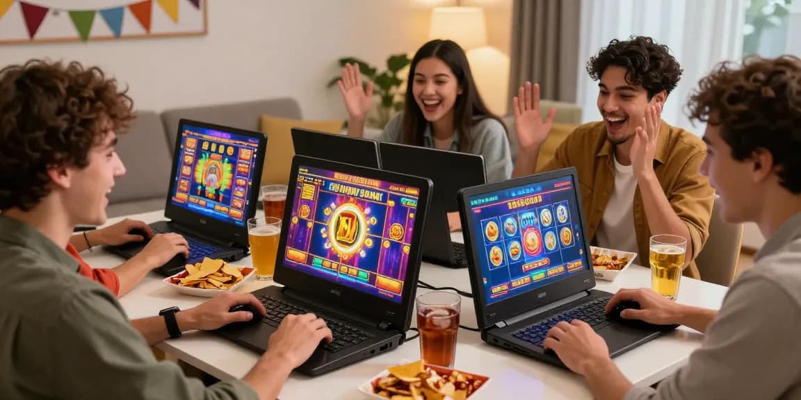 Friends enjoying bonus buy slots in vibrant online casino games with joyful expressions.
