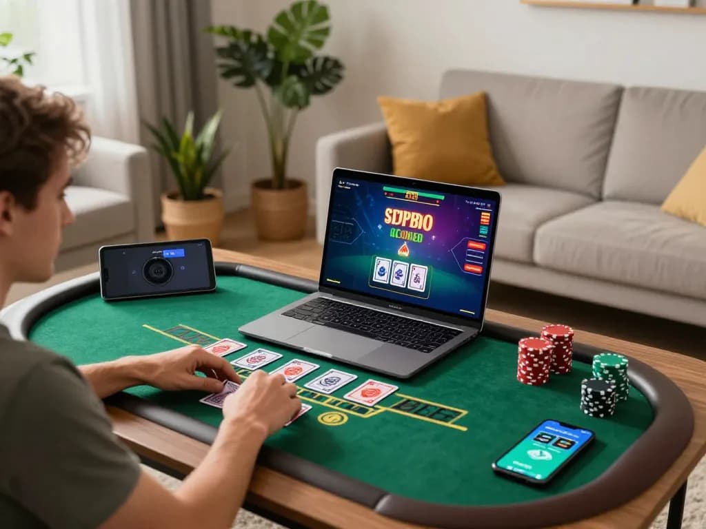 Player enjoying live blackjack on their laptop at home, showcasing vt88 as a leading online casino.