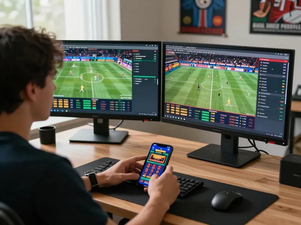 Engaging in live sports betting on an official website with dual monitors at home