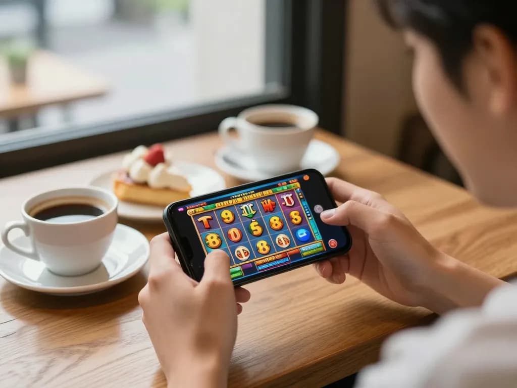 Experience game nổ hũ excitement while enjoying a coffee at a café table with vibrant slot reels on a smartphone.