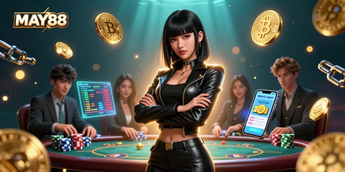 MAY88 enhances poker thrills with a powerful Asian woman and glowing crypto elements in a dynamic scene.