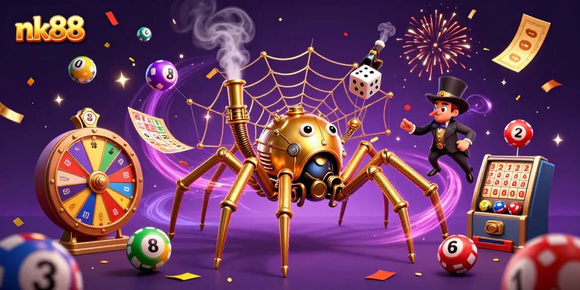 nk88's steampunk spider weaves luck-filled chains amid casino games, capturing dice and a fly
