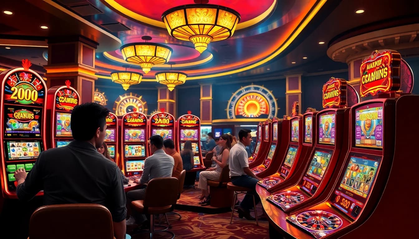 Experience the thrill of QQMACAN's slot machines in a vibrant casino setting.