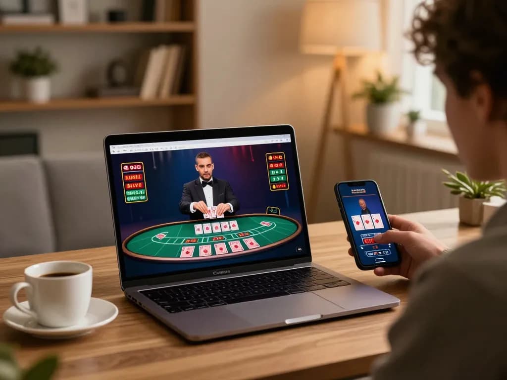Engage in an online baccarat game on net88 with a stylish home office setup.