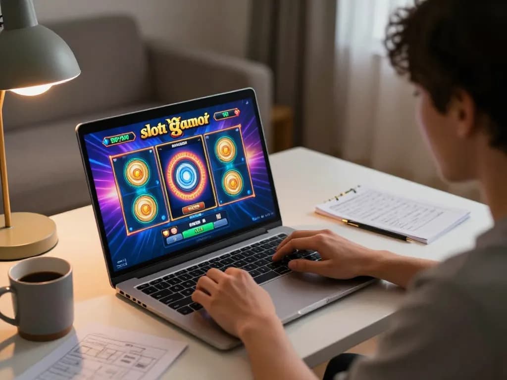 Engaging in slot gacor hari ini online gaming with laptop, showing vibrant gameplay and a strategic environment.