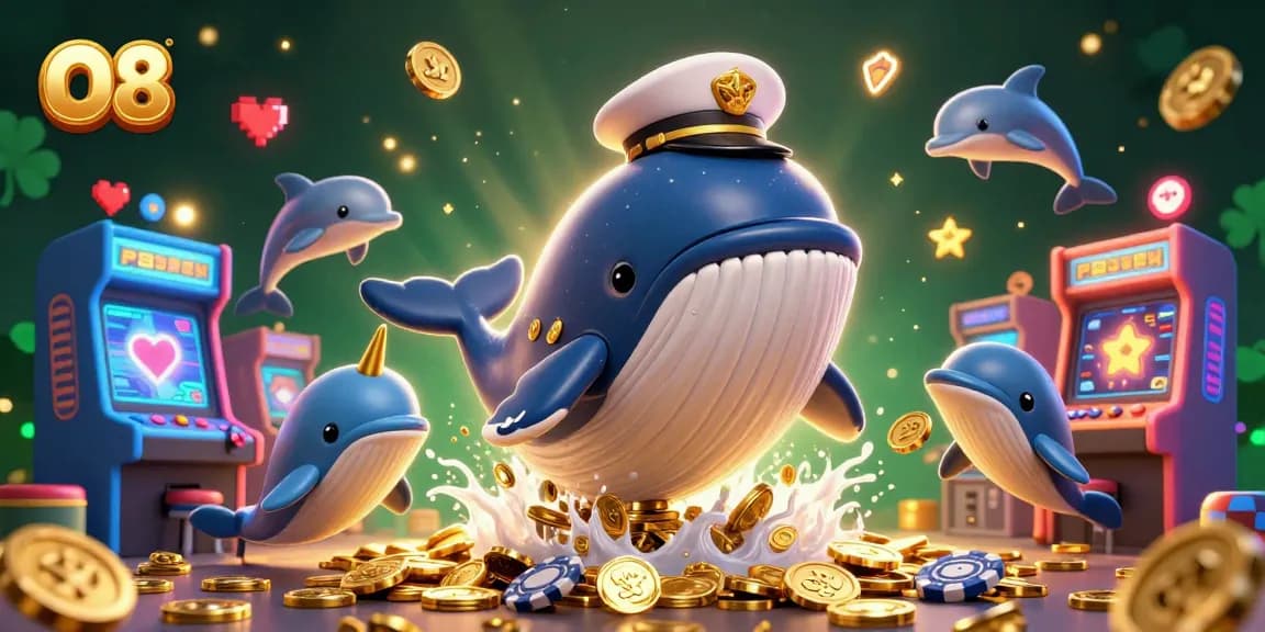 Play O8 games with a giant whale and dolphins amid coins and arcade machines