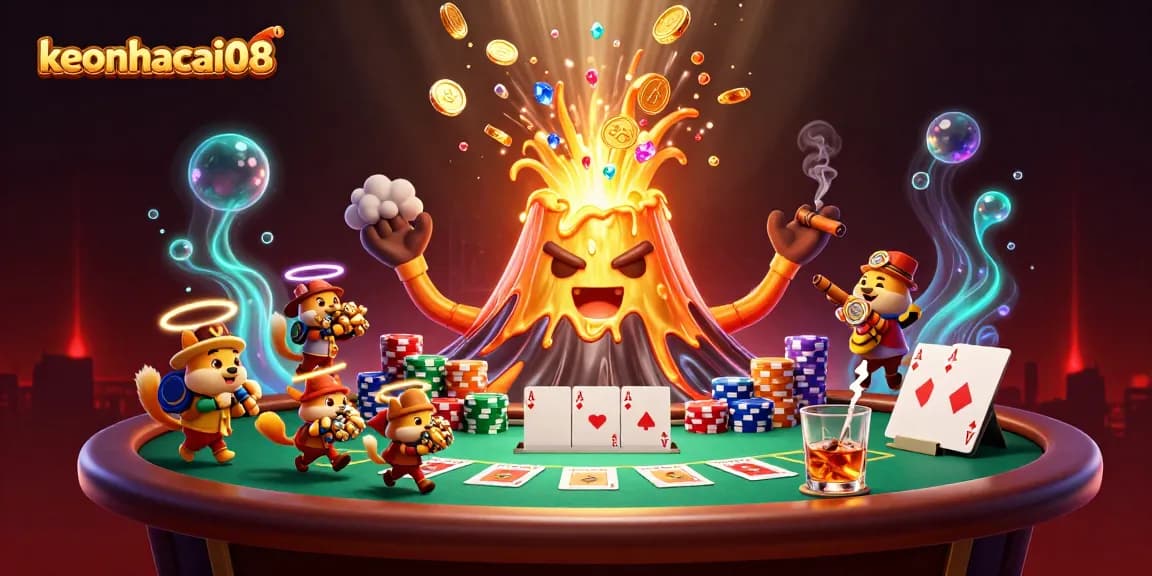 Engage with keonhacai08's thrilling treasure hunt amidst a vibrant, cartoonish casino eruption.