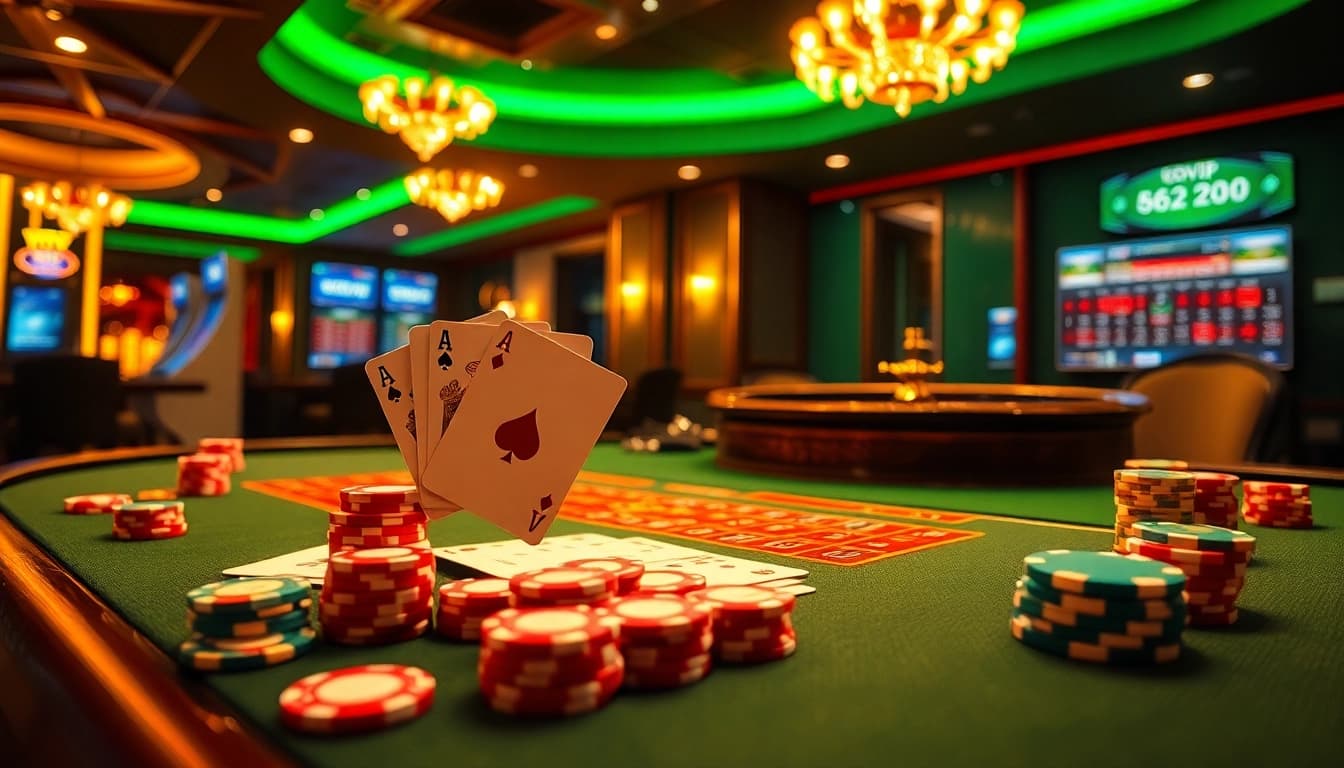 An engaging casino scene featuring 68VIP poker chips and cards, embodying luxury and excitement in online gambling.