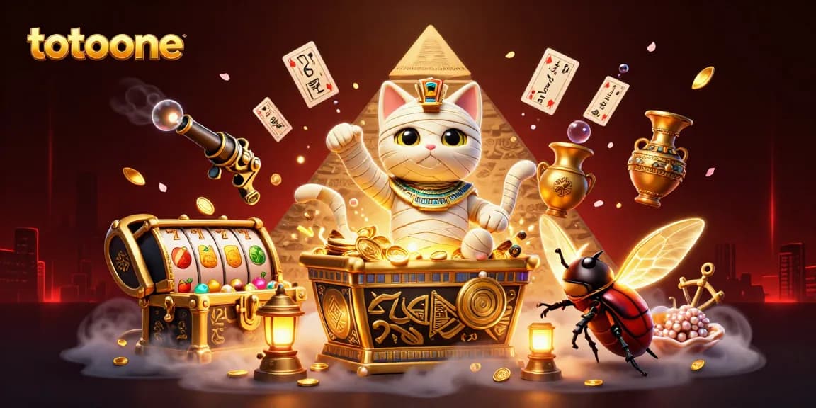 Mainkan permainan slot dengan totoone di kasino piramida yang dikelilingi harta karun dan kartu