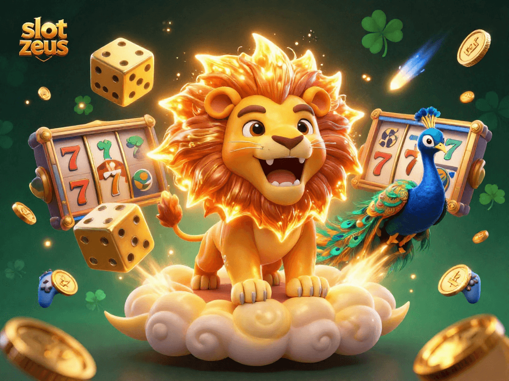 Experience excitement playing slot zeus with a vibrant 3D gaming scene, featuring dynamic characters and slot machine elements.