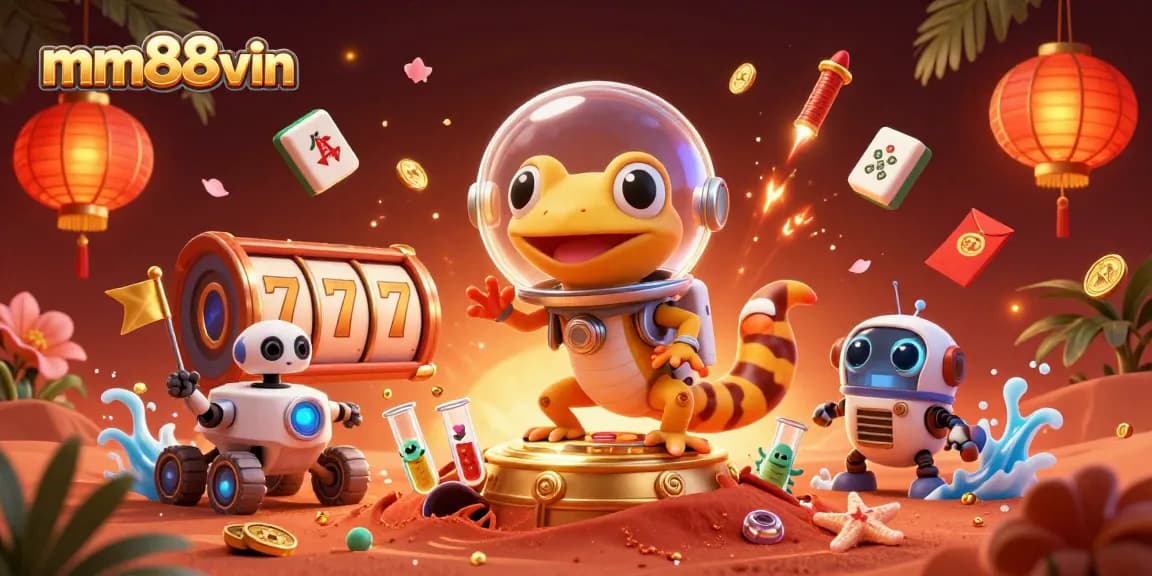 Play thrilling slot games at mm88vin with a vibrant casino illustration featuring dynamic characters and rich game elements.