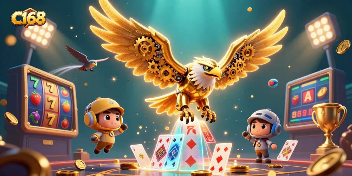 C168 casino scene featuring a golden eagle character diving through holographic playing cards among dynamic slot game elements.