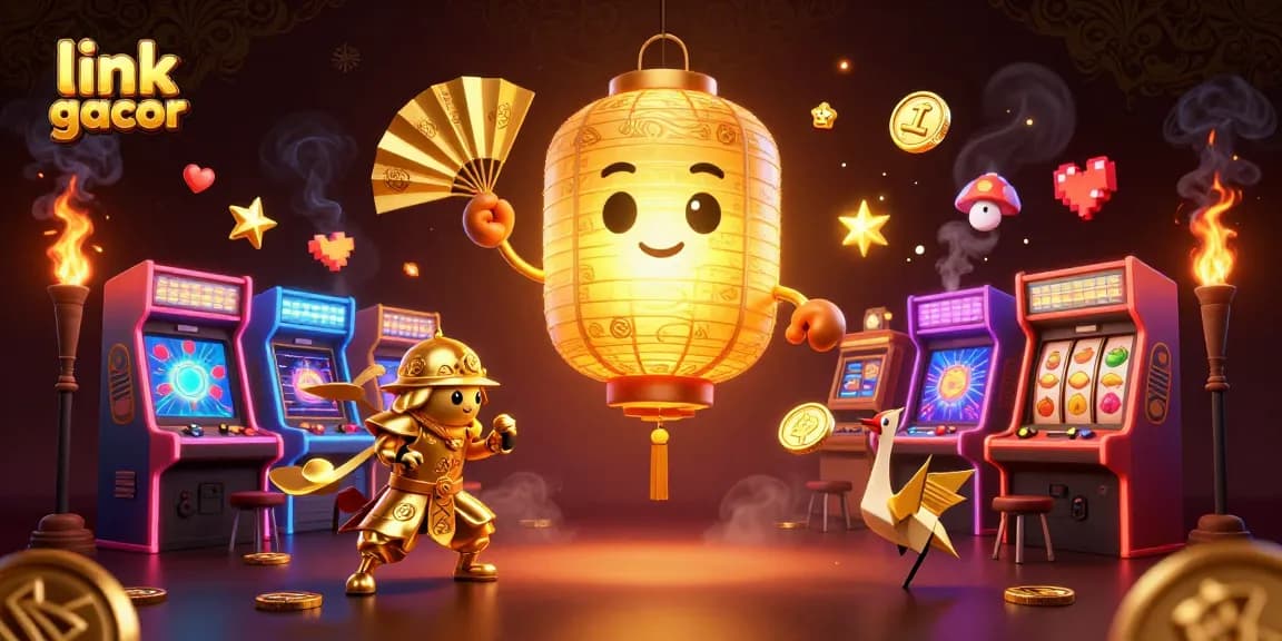 Menangkan jackpot dengan link slot gacor, dikelilingi oleh simbol keberuntungan dan mesin slot berkilauan.