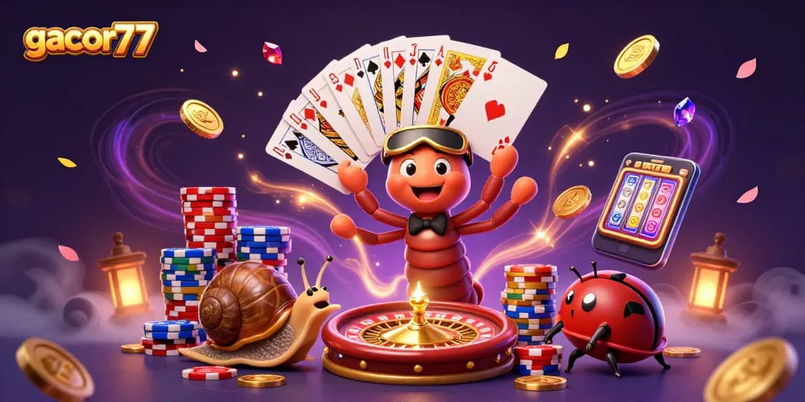 Permainan gacor77 menyajikan dealer kartun 3D sedang membagikan kartu dengan suasana mewah.