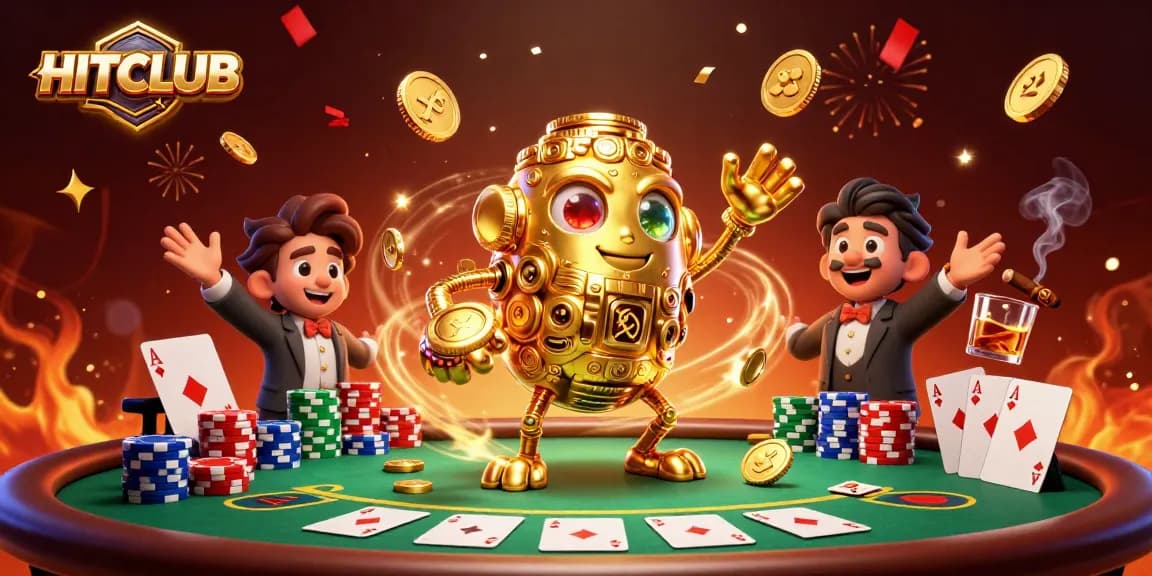 Play a thrilling game at HITCLUB as ancient golden golem interacts with vibrant poker elements.