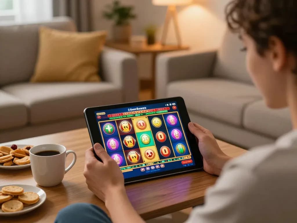 Engaged player enjoying slots not on gamstop on a tablet in a cozy home setting.