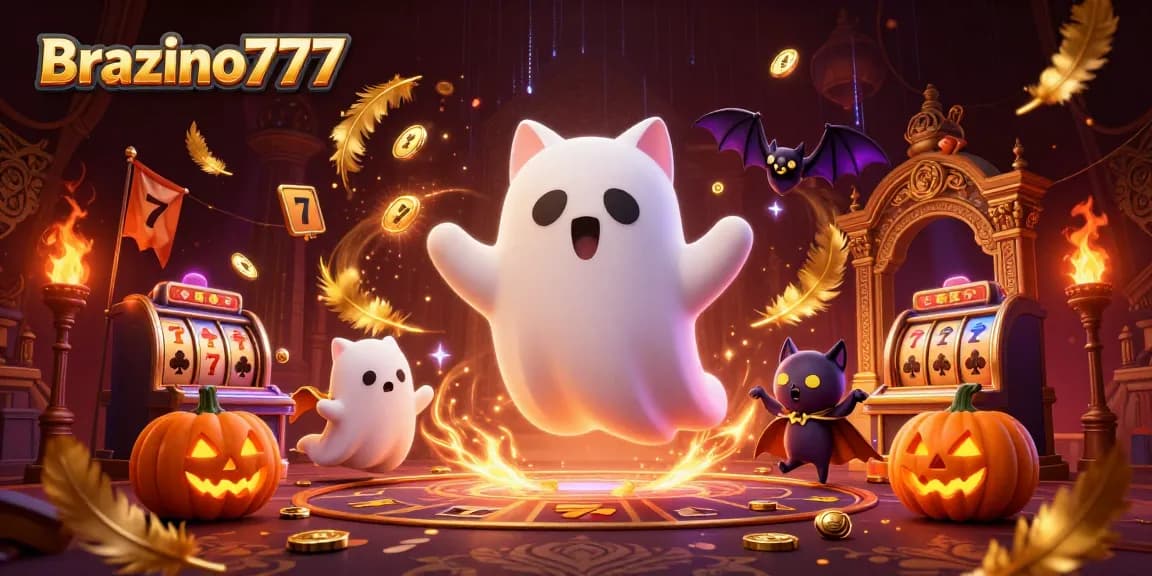 Brazino777 captures the excitement of a haunted casino with a ghost cat and vibrant gaming elements.