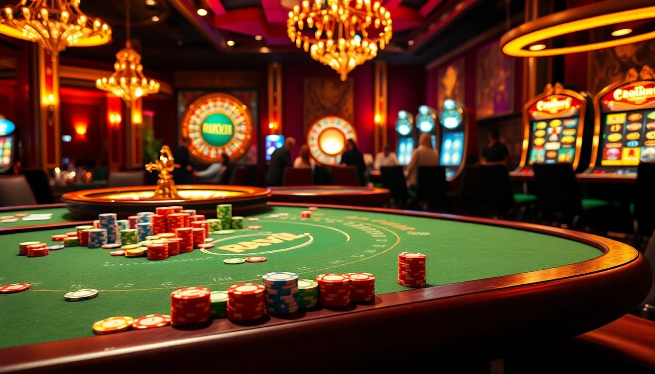 Exciting gameplay action at a casino with poker chips and a roulette wheel showcasing rikvip.